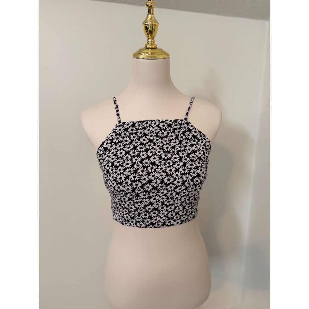 American Eagle Daisy Floral Tie Back Crop Top Women’s XS Black White Y2K